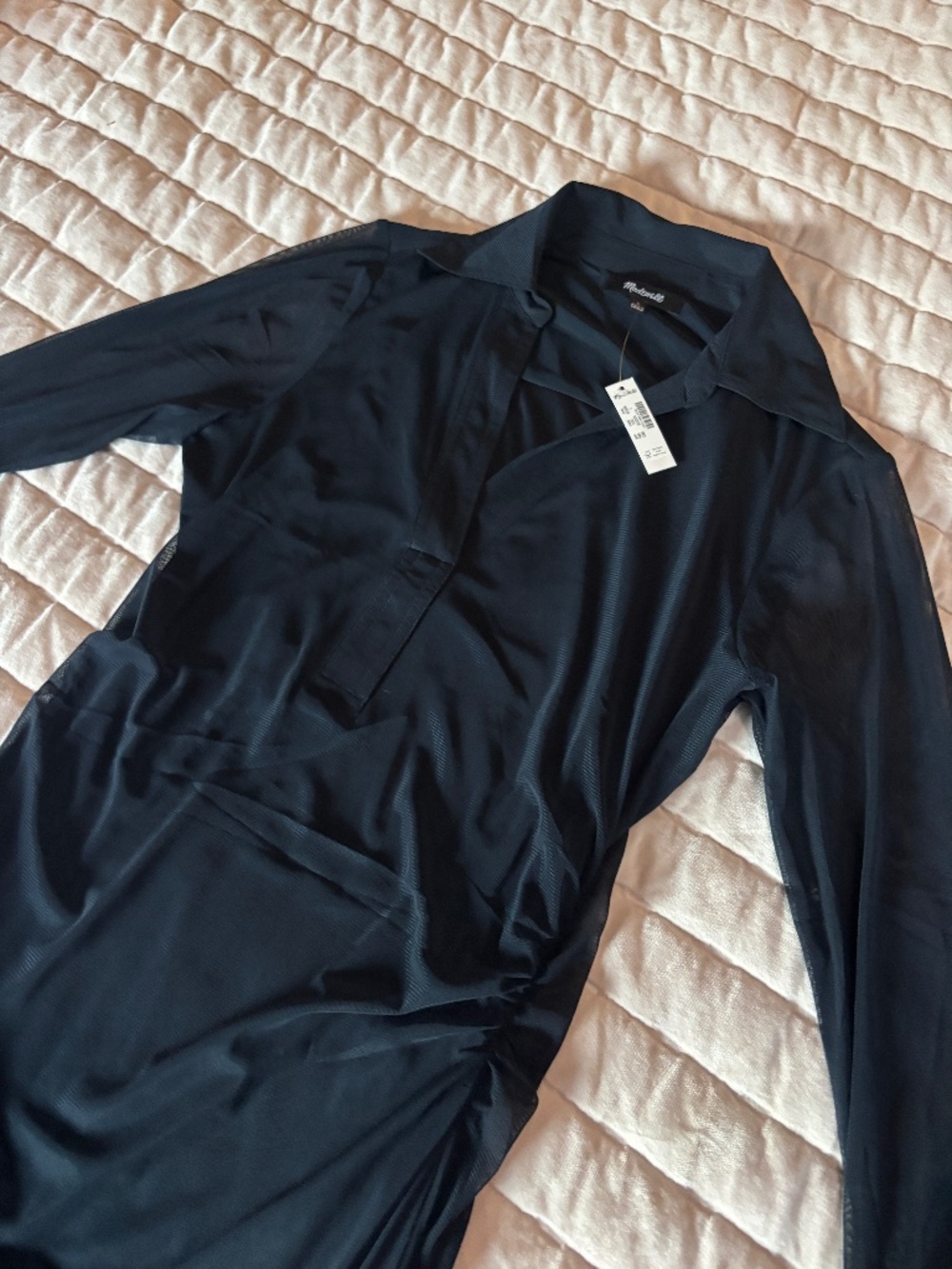 NWT Navy Madewell Dress with Collar and Mesh Sleeves Size L